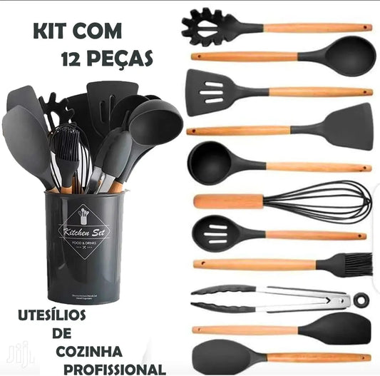 Jogo Kit C/12 Peças Utensílios De Cozinha de Silicone Cabo Madeira